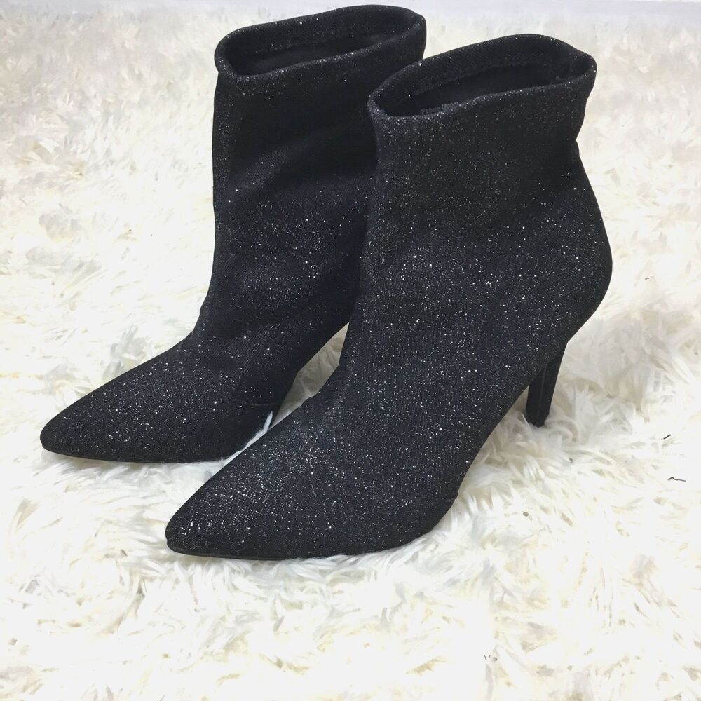 NEW Black sparkly ankle boots stiletto silver sparkle fabric 1980s 80s party 6.5